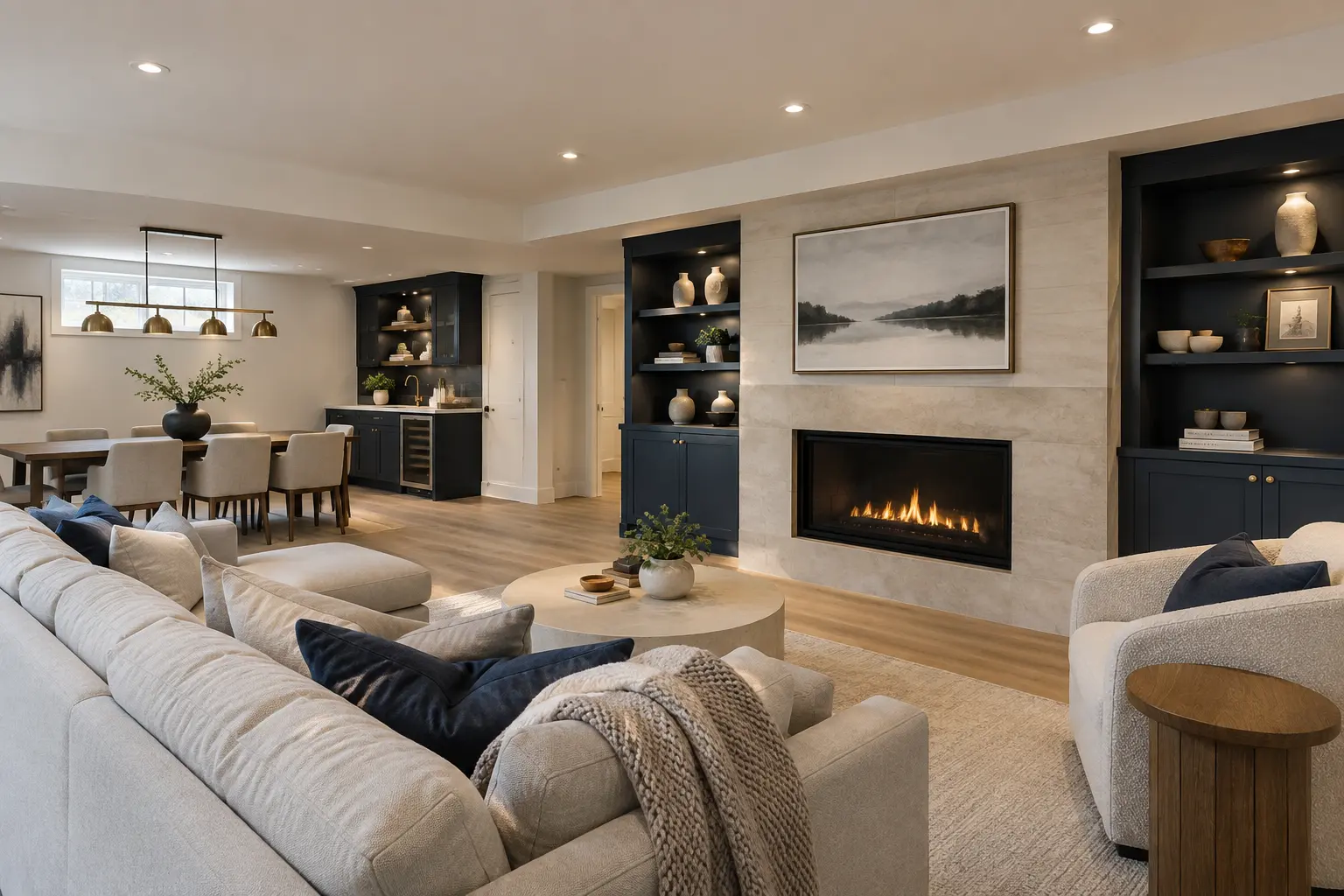 Contemporary finished basement living and dining area with built-in cabinetry.