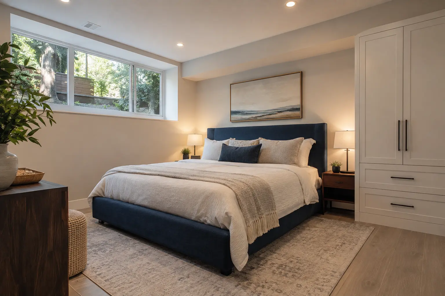 Finished basement guest bedroom with window and built-in wardrobe.