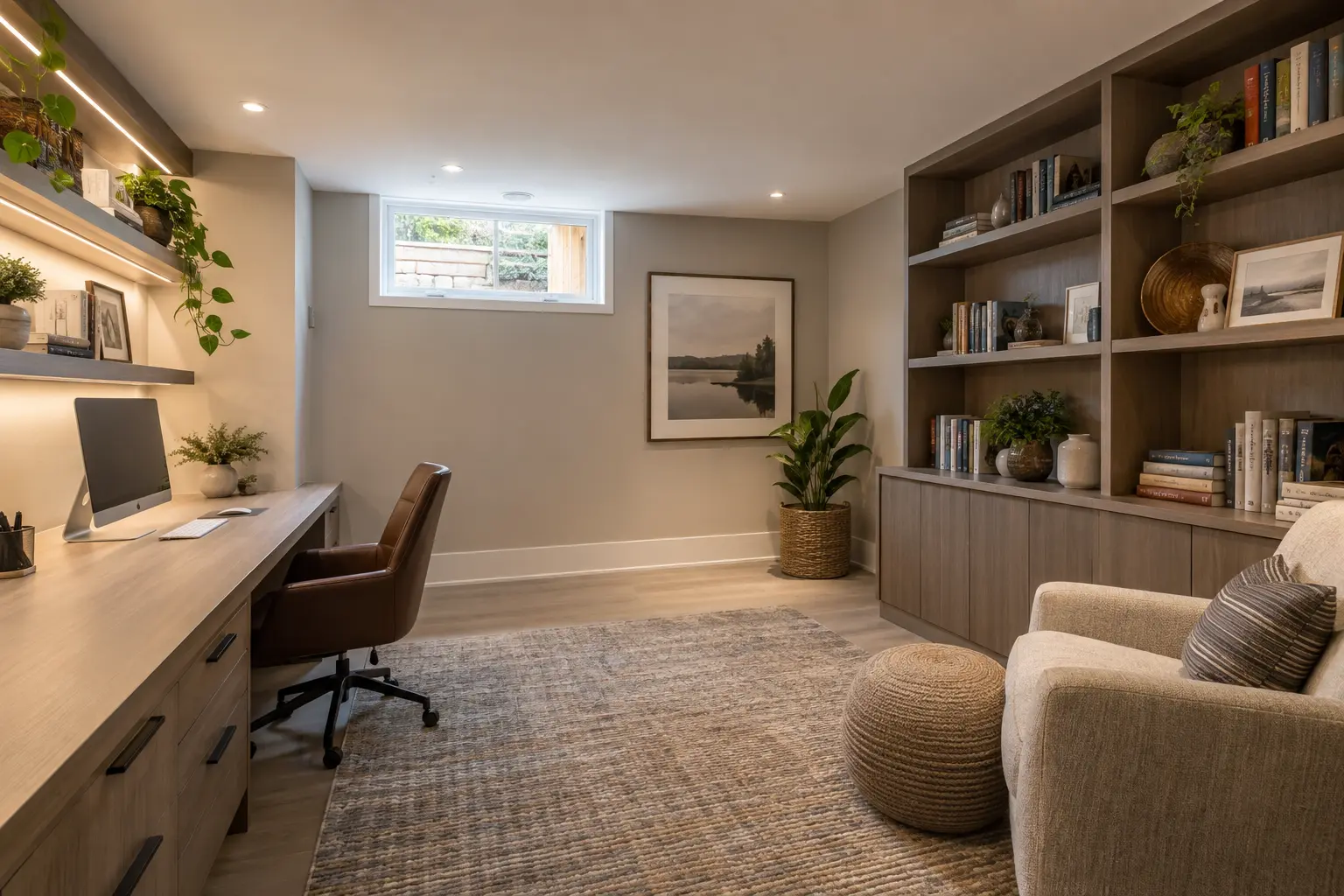 Basement home office with daylight window and built-in desk.