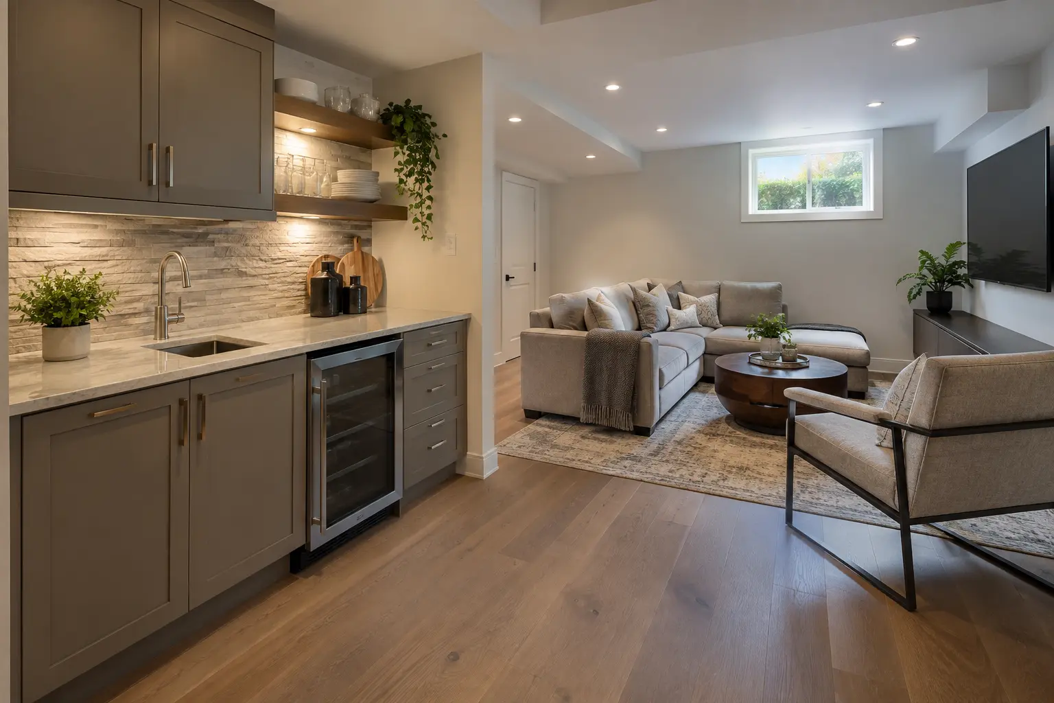 Compact family-use basement kitchenette with seating nearby.