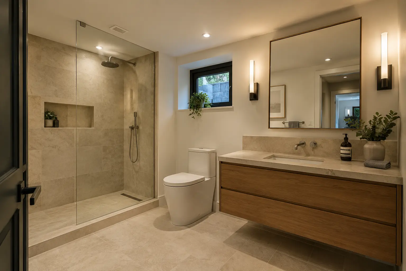 Basement bathroom with walk-in shower and limestone-look tile.