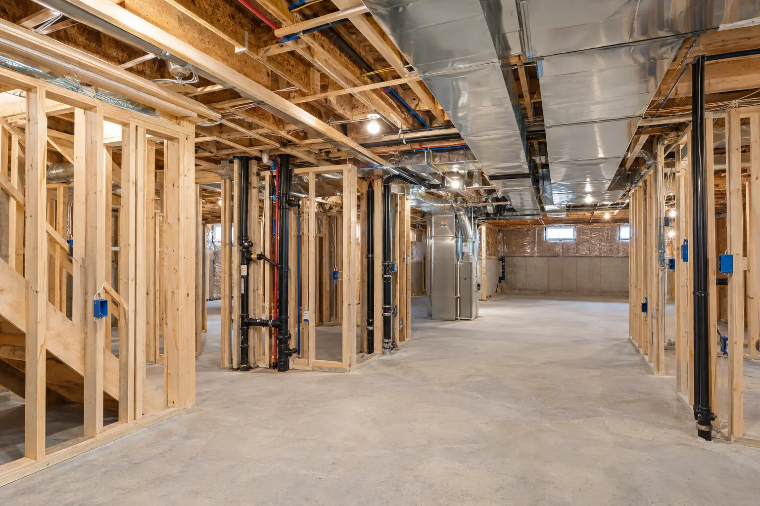 Pre-drywall basement with framing, plumbing, ducts and electrical boxes.