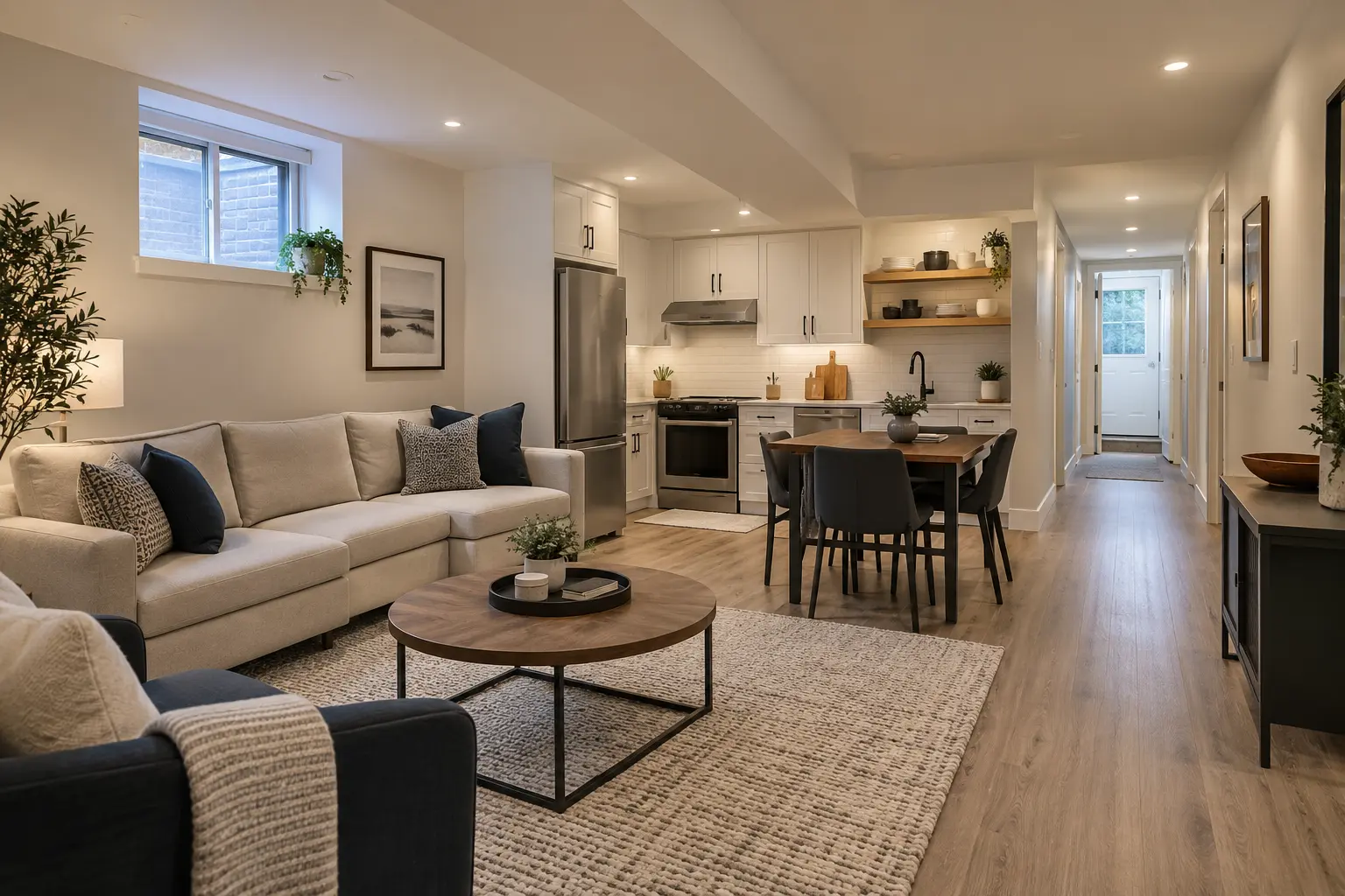 Completed basement dwelling with an open kitchen and living area in Oakville.