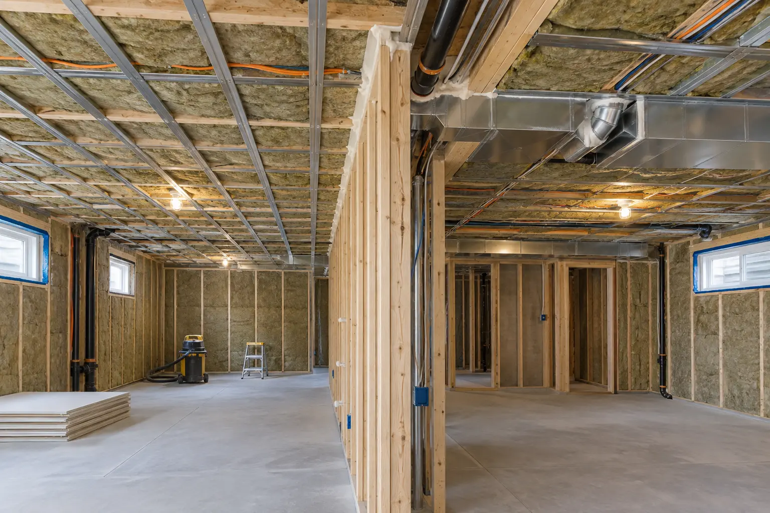 Basement framing with coordinated fire separation and service penetrations visible before drywall.