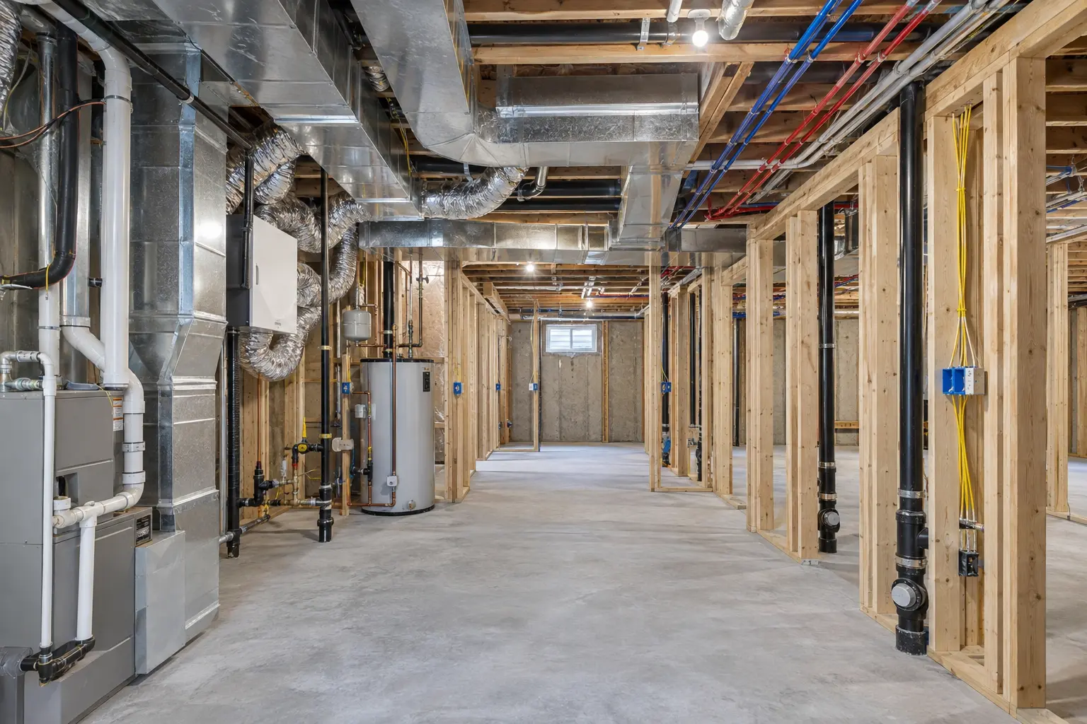 Basement mechanical area with plumbing, ductwork and electrical work coordinated before finishes.