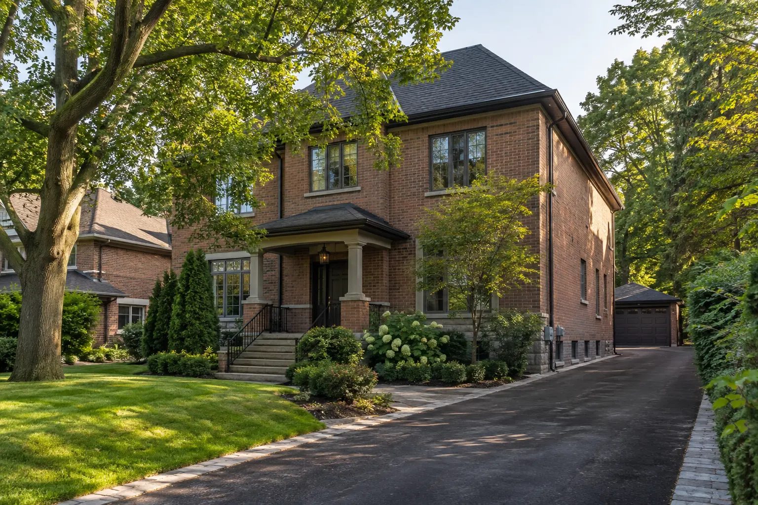 Oakville detached brick home with driveway, basement windows and mature trees.